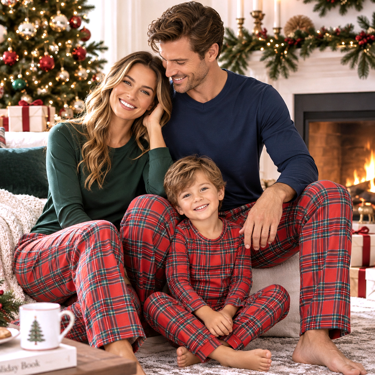 A family in matching tartan pajamas by the fireplace